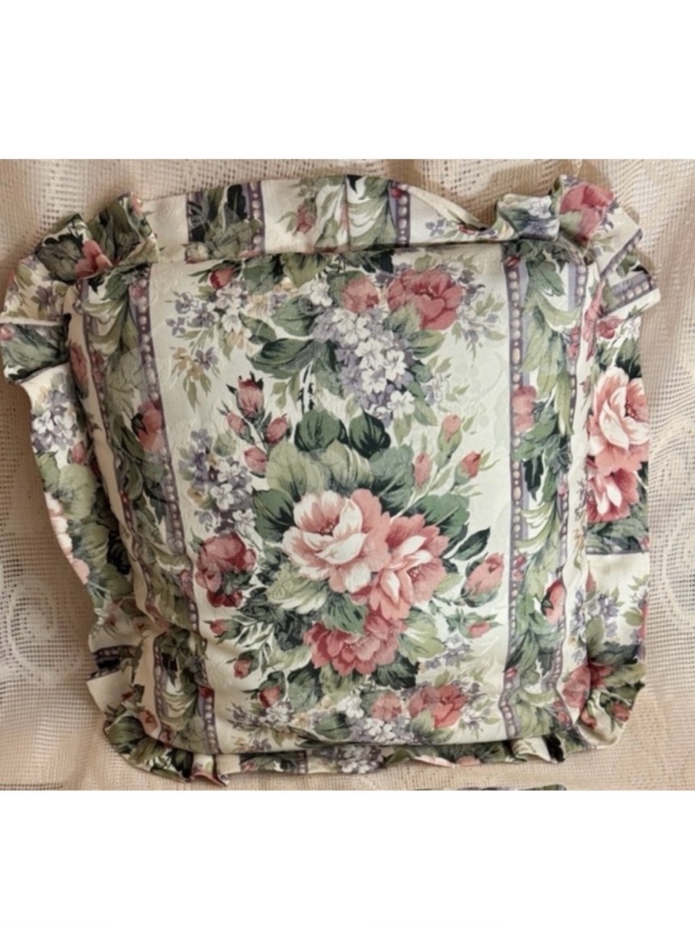 2 Vintage Handmade Shabby Chic Floral Pink + Green Ruffled Pillows.21” x 21”